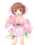  1girl blush breasts brown_hair cleavage highres japanese_clothes kimono looking_at_viewer open_mouth sekine_irie short_hair smile solo yellow_eyes 