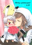  1boy 1girl animal_ears animal_on_head axis_powers_hetalia bird blush bow brown_hair cape cheek_kiss chibi child closed_eyes flower hungary_(hetalia) kemonomimi_mode kiss prussia_(hetalia) rabbit_ears red_eyes sousui_hani time_paradox white_hair young 