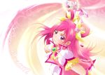  1girl arm_warmers ashita_wa_hitsuji character_name cure_dream detached_sleeves earrings energy_sword english eyelashes fingerless_gloves gloves gradient gradient_background hair_ornament hair_rings half_updo happy highres jewelry long_hair looking_at_viewer magical_girl pink_background pink_eyes pink_hair precure puffy_sleeves shirt skirt smile solo sword vest weapon yes!_precure_5 yes!_precure_5_gogo! yumehara_nozomi 