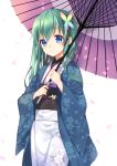  1girl blue_eyes green_hair hair_ornament holding japanese_clothes kimono long_hair looking_at_viewer midorikawa_you original petals solo tagme umbrella 