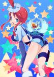  1girl blue_eyes chorimokki ducklett fuuro_(pokemon) gloves hair_bun midriff overalls pokemon pokemon_(creature) redhead short_shorts shorts 