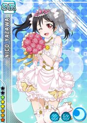  black_hair bouquet charatcer_name flower gloves happy long_hair love_live!_school_idol_project red_eyes veil wedding wink yazawa_nico 