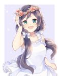  1girl :d aqua_eyes blush bow dress hair_bow head_wreath ichinose_(sorario) long_hair love_live!_school_idol_project open_mouth purple_hair smile solo sundress toujou_nozomi twintails white_dress 