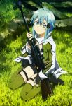  absurdres blue_hair gloves gun highres rifle shinon_(sao) short_hair sniper_rifle sword_art_online thigh-highs weapon 