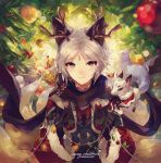  androgynous animal animal_ears antlers ayakashi_onmyouroku black_gloves blue_eyes bow christmas christmas_lights christmas_ornaments christmas_tree coat english facial_mark forehead_mark fox fox_ears fox_tail gloves long_sleeves merry_christmas multiple_tails pinecone pipe_fox reindeer_antlers ribbon santa_costume scarf short_hair smile solo tail text tree violet_eyes welchino white_hair 