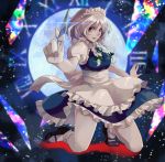  1girl absurdres apron blue_dress braid breasts clock dress hair_ribbon highres holding_knife izayoi_sakuya kneeling large_breasts lips maid_apron maid_headdress mary_janes miniskirt multicolored_background outstretched_arm puffy_short_sleeves puffy_sleeves red_eyes ribbon shoes short_hair short_sleeves silver_hair skirt solo touhou tress_ribbon twin_braids 