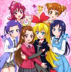  6+girls :d ai-chan_(dokidoki!_precure) aida_mana baby blonde_hair blouse blue_eyes blue_hair blush brown_eyes brown_hair creature davi_(dokidoki!_precure) dokidoki!_precure double_bun dress flipped_hair half_updo hishikawa_rikka jewel_(the_black_canvas) kenzaki_makoto long_hair madoka_aguri multiple_girls open_mouth pink_background pink_eyes pink_hair precure purple_hair rakeru_(dokidoki!_precure) rance_(dokidoki!_precure) red_eyes regina_(dokidoki!_precure) sharuru_(dokidoki!_precure) short_hair short_twintails shorts smile sparkle twintails violet_eyes yotsuba_alice 