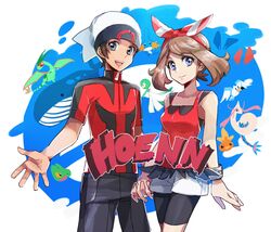  1boy 1girl backpack bag bike_shorts blue_eyes brown_hair fanny_pack flygon gardevoir hair_ribbon haruka_(pokemon) haruka_(pokemon)_(remake) hat holding_hands looking_at_viewer milotic mudkip obo open_mouth pokemon pokemon_(creature) pokemon_(game) pokemon_oras ribbon sleeveless sleeveless_shirt smile torchic treecko wailord wingull wristband yuuki_(pokemon) yuuki_(pokemon)_(remake) 