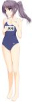  1girl absurdres black_hair brown_eyes full_body highres iizuki_tasuku lovely_x_cation ponytail school_swimsuit simple_background solo swimsuit 