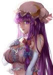  1girl adapted_costume bare_shoulders blush breasts cleavage crescent elbow_gloves gloves hair_ribbon hat large_breasts long_hair midriff mr_cloud open_mouth patchouli_knowledge purple_hair ribbon simple_background touhou violet_eyes white_background white_gloves 