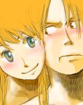  1boy 1girl blonde_hair blue_eyes blush cheek-to-cheek couple edward_elric frown fullmetal_alchemist hetero long_hair looking_at_another smile traditional_media winry_rockbell yellow_eyes 