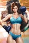  1girl abs blue_eyes boxing_gloves breasts brown_hair cleavage hand_on_hip highres lips long_hair navel original punching_bag solo stanley_lau 