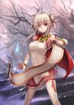  1girl breasts chinese_clothes double_bun eyepatch magic red_eyes scroll smile solo thigh-highs weiyinji_xsk white_hair 