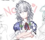  1girl ahoge braid crossed_arms izayoi_sakuya maid_headdress pan!ies red_eyes rough short_hair silver_hair smile solo touhou twin_braids 