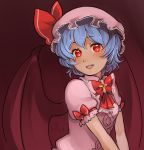  1girl bat_wings blue_hair bow cross dated fang highres looking_at_viewer magical_ondine mob_cap puffy_short_sleeves puffy_sleeves red_background red_eyes remilia_scarlet short_sleeves touhou v_arms wings 