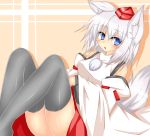  1girl animal_ears bare_shoulders black_legwear blue_eyes blush breasts detached_sleeves hat inubashiri_momiji looking_at_viewer open_mouth pom_pom_(clothes) short_hair silver_hair sitting solo tail tokin_hat touhou wolf_ears wolf_tail 