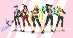  5girls aino_minako belt bishoujo_senshi_sailor_moon black_hair blonde_hair blue_eyes blue_hair bow brown_hair calvin_p capri_pants clenched_hands double_bun electricity fingerless_gloves gloves green_eyes hair_bow hand_on_hip hino_rei jacket kino_makoto lips long_hair mask mizuno_ami multiple_girls ponytail sailor_jupiter sailor_mars sailor_mercury sailor_moon sailor_venus short_hair smile standing tagme translation_request tsukino_usagi twintails whip 