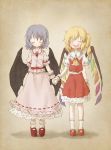  2girls arinu ascot asymmetrical_hair bat_wings blonde_hair blue_hair brooch closed_eyes flandre_scarlet holding_hands jewelry multiple_girls no_hat open_mouth puffy_short_sleeves puffy_sleeves remilia_scarlet sash shirt short_sleeves siblings side_ponytail sisters skirt skirt_set smile touhou vest wings 