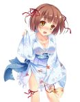  1girl blush breasts brown_hair highres japanese_clothes kimono open_mouth sekine_irie short_hair smile solo yellow_eyes 