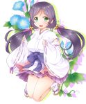  1girl breasts flower green_eyes japanese_clothes long_hair love_live!_school_idol_project miko purple_hair ratryu smile solo toujou_nozomi twintails 