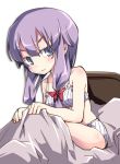  1girl bed blanket bra collarbone hair_ribbon long_hair looking_at_viewer noya_makoto on_bed panties patchouli_knowledge purple_hair ribbon sitting sitting_on_bed solo striped striped_bra striped_panties touhou tress_ribbon underwear underwear_only violet_eyes 