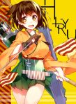  1girl arrow asymmetrical_hair blouse blush bow_(weapon) breasts brown_eyes brown_hair character_name flight_deck hiryuu_(kantai_collection) japanese_clothes kantai_collection long_sleeves motyo1964 open_mouth personification quiver radio_antenna short_hair side_ponytail single_glove skirt smile solo text weapon wide_sleeves yugake 