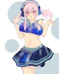  1girl blush breasts headphones highres large_breasts long_hair looking_at_viewer miniskirt navel nitroplus open_mouth pink_hair red_eyes skirt solo space super_sonico torn_clothes 
