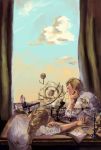  2boys absurdres alphonse_elric blonde_hair book braid brothers clouds edward_elric fullmetal_alchemist headrest highres inkwell long_hair multiple_boys scales short_hair siblings sky sunset table window 