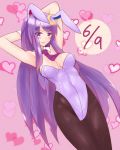  1girl animal_ears arms_up breasts bunnysuit cleavage crescent detached_collar highres long_hair necktie pantyhose patchouli_knowledge purple_hair rabbit_ears touhou violet_eyes wrist_cuffs yan@ 