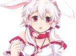  1girl :&lt; :3 agechi animal_ears ayakashi_onmyouroku bare_shoulders bow bunny_girl bust cherry_blossoms choker clenched_hand collarbone flower hair_flower hair_ornament hairclip hare_of_inaba hare_of_inaba_(ayakashi_onmyouroku) hare_of_inaba_(character) jewelry lips necklace open_mouth pink_eyes rabbit_ears short_hair simple_background solo twintails white_background white_hair 