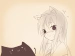  1girl ai635623656 akemi_homura animal_ears beige_background blush cat cat_ears hairband kemonomimi_mode long_hair looking_at_viewer magical_girl mahou_shoujo_madoka_magica monochrome simple_background surprised 