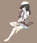  1girl barefoot black_hair brown_background crossed_legs eyepatch green_eyes hand_on_own_cheek hat headrest kantai_collection kawashina_(momen_silicon) kiso_(kantai_collection) long_hair navel personification sailor_collar sailor_hat sitting skirt solo 