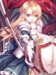  1girl armor armored_dress blonde_hair blue_eyes flag gauntlets hibanar long_hair looking_at_viewer open_mouth original polearm shield solo spear tagme weapon 