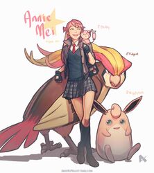  1girl animal_on_shoulder annie_mei caleb_thomas crossover fingerless_gloves gloves green_eyes jacket long_hair necktie one_eye_closed original pidgeot pink_hair pleated_skirt poke_ball pokemon pokemon_(game) school_uniform skirt skitty socks v-neck wigglytuff wink 