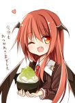  1girl bowl bust demon_wings fang head_wings heart koakuma long_hair long_sleeves one_eye_closed open_mouth red_eyes redhead shaved_ice smile solo touhou translation_request wings wink yuuhagi_(amaretto-no-natsu) 