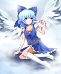  1girl alternate_wings blue_dress blue_eyes blue_hair bow cirno collarbone dress hair_bow ice ice_wings kneehighs looking_at_viewer popsicle rain_(icetuofei) saliva saliva_trail sash sexually_suggestive shirt short_sleeves sitting solo sparkle touhou white_legwear wings 