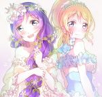  2girls ayase_eli bare_shoulders blonde_hair blue_eyes blush flower frills hair_flower hair_ornament head_wreath long_hair looking_at_viewer love_live!_school_idol_project multiple_girls open_mouth ponytail purple_hair satoimo_chika smile tiara toujou_nozomi twintails 