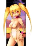  1girl beach blonde_hair breasts choker detached_sleeves fang kamitsurugi_ouka leotard long_hair looking_at_viewer original red_eyes smile solo sunset twintails 