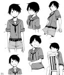  1girl androgynous belt chair closed_eyes expressionless kantai_collection kawashina_(momen_silicon) looking_at_viewer mogami_(kantai_collection) monochrome open_mouth personification sailor_collar short_hair shorts sitting sketch smile sweat 