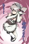  1girl absurdres bare_shoulders elbow_gloves geister gloves highres long_hair maid maid_headdress original red_eyes silver_hair simple_background solo standing thigh-highs 