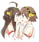  2girls ahoge blue_eyes blush brown_hair bust double_bun eye_contact gumichoco hairband half_updo heart hiei_(kantai_collection) holding_hands interlocked_fingers kantai_collection kongou_(kantai_collection) long_hair looking_at_another multiple_girls nontraditional_miko open_mouth profile ribbon-trimmed_sleeves ribbon_trim short_hair siblings simple_background sisters sweat 