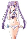  1girl alternate_costume alternate_hairstyle arnest bikini blush breasts cleavage collarbone crescent_hair_ornament finger_to_cheek frilled_bikini frills hair_ornament hair_ribbon large_breasts long_hair looking_at_viewer navel open_mouth patchouli_knowledge purple_bikini purple_hair ribbon scrunchie simple_background solo swimsuit touhou tress_ribbon twintails very_long_hair violet_eyes white_background 