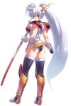  1girl 90s armor ass bandages bangs belt black_legwear bracer breastplate brown_eyes dress full_body hair_ornament highres langrisser langrisser_iii long_hair long_legs luna_(langrisser) short_dress simple_background sword thigh-highs uchiu_kazuma urushihara_satoshi very_long_hair weapon white_hair 