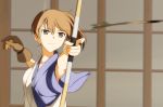  1girl archery arrow asymmetrical_hair blush bow_(weapon) brown_eyes brown_hair firing japanese_clothes kaga_(kantai_collection) kantai_collection kisetsu kyuudou muneate personification short_hair side_ponytail single_glove smile solo weapon yugake 