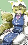  1girl blonde_hair breasts dress fox_tail ginji_(sakaki_summer) hat hat_with_ears large_breasts long_sleeves looking_at_viewer multiple_tails sitting smile solo tabard tail touhou white_dress yakumo_ran yellow_eyes 