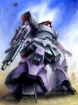  aircraft blue_sky clouds dom dopp_(gundam) from_below gun gundam machine_gun mecha mobile_suit_gundam mountain no_humans signature sky solo_focus taedu weapon 