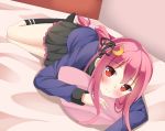  1girl bed black_legwear blush bunny_hair_ornament crescent_hair_ornament dutch_angle hair_ornament hair_ribbon kantai_collection long_hair lying on_stomach pillow pink_hair red_eyes ribbon ro-ichi school_uniform serafuku smile solo tagme uzuki_(kantai_collection) 