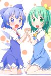  2girls ascot asymmetrical_hair blue_dress blue_eyes blue_hair blush bow child cirno daiyousei dress eyebrows_visible_through_hair fairy_wings fang green_eyes green_hair hair_bow hair_ribbon highres holding holding_hands ice ice_wings interlocked_fingers kneeling makuran multiple_girls open_mouth puffy_short_sleeves puffy_sleeves ribbon shirt short_sleeves side_ponytail smile touhou upper_teeth wings 