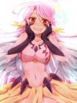  1girl angel_wings blush breasts feathered_wings gloves highres jibril_(no_game_no_life) long_hair looking_at_viewer low_wings magic_circle midriff navel no_game_no_life orange_eyes pink_hair smile solo wavy_mouth wings 