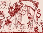  3girls akemi_homura beige_background bow clara_dolls_(madoka_magica) dated earrings hair_ribbon hands_clasped jewelry long_hair looking_at_another mahou_shoujo_madoka_magica mahou_shoujo_madoka_magica_movie monochrome multiple_girls one_eye_closed ribbon school_uniform signature simple_background smile spoilers text tomato translation_request wink 